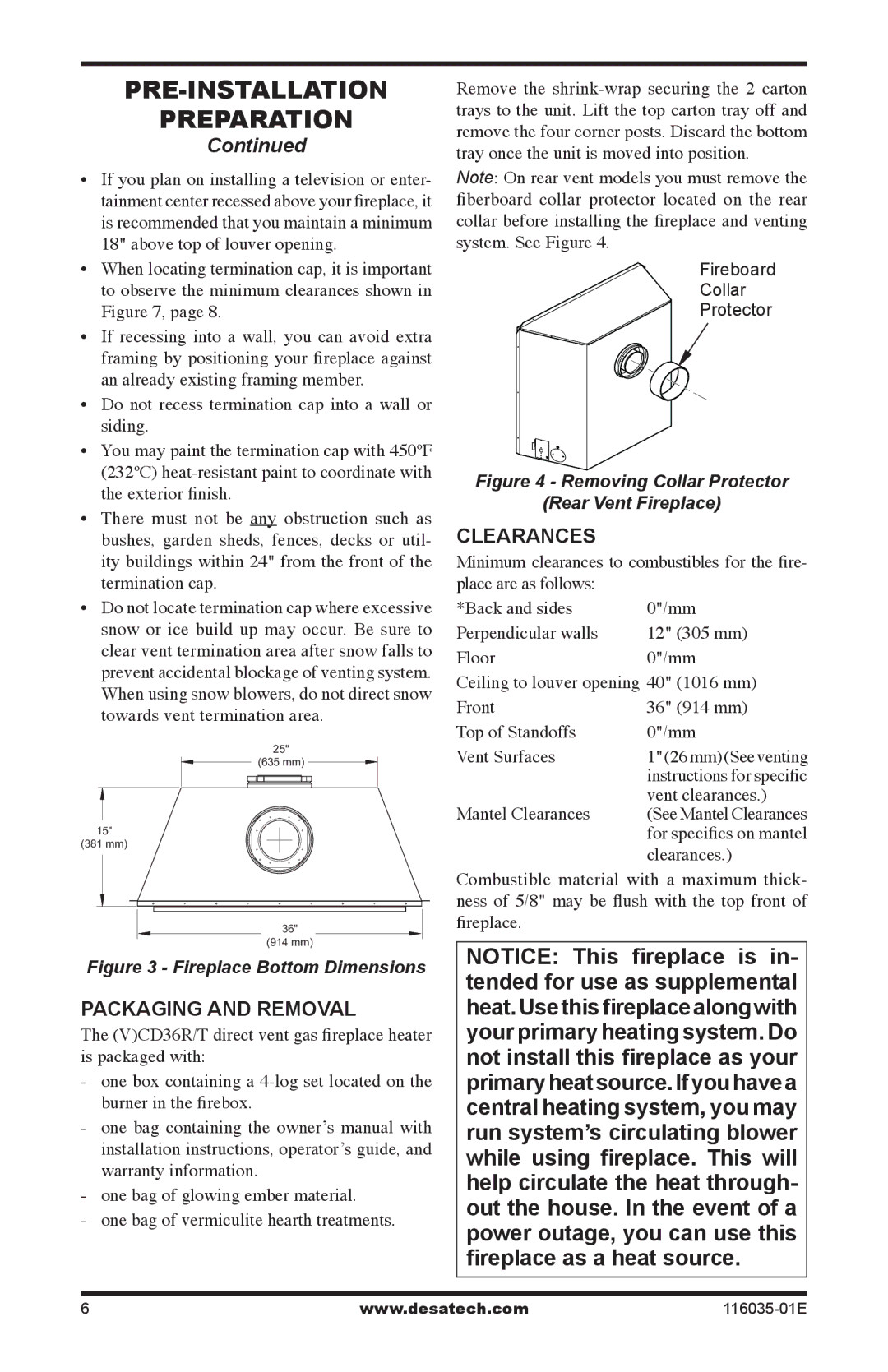 Desa (V)CD36RNE, (V)CD36RPE, (V)CD36TNE, (V)CD36TPE installation manual Packaging and Removal, Clearances 