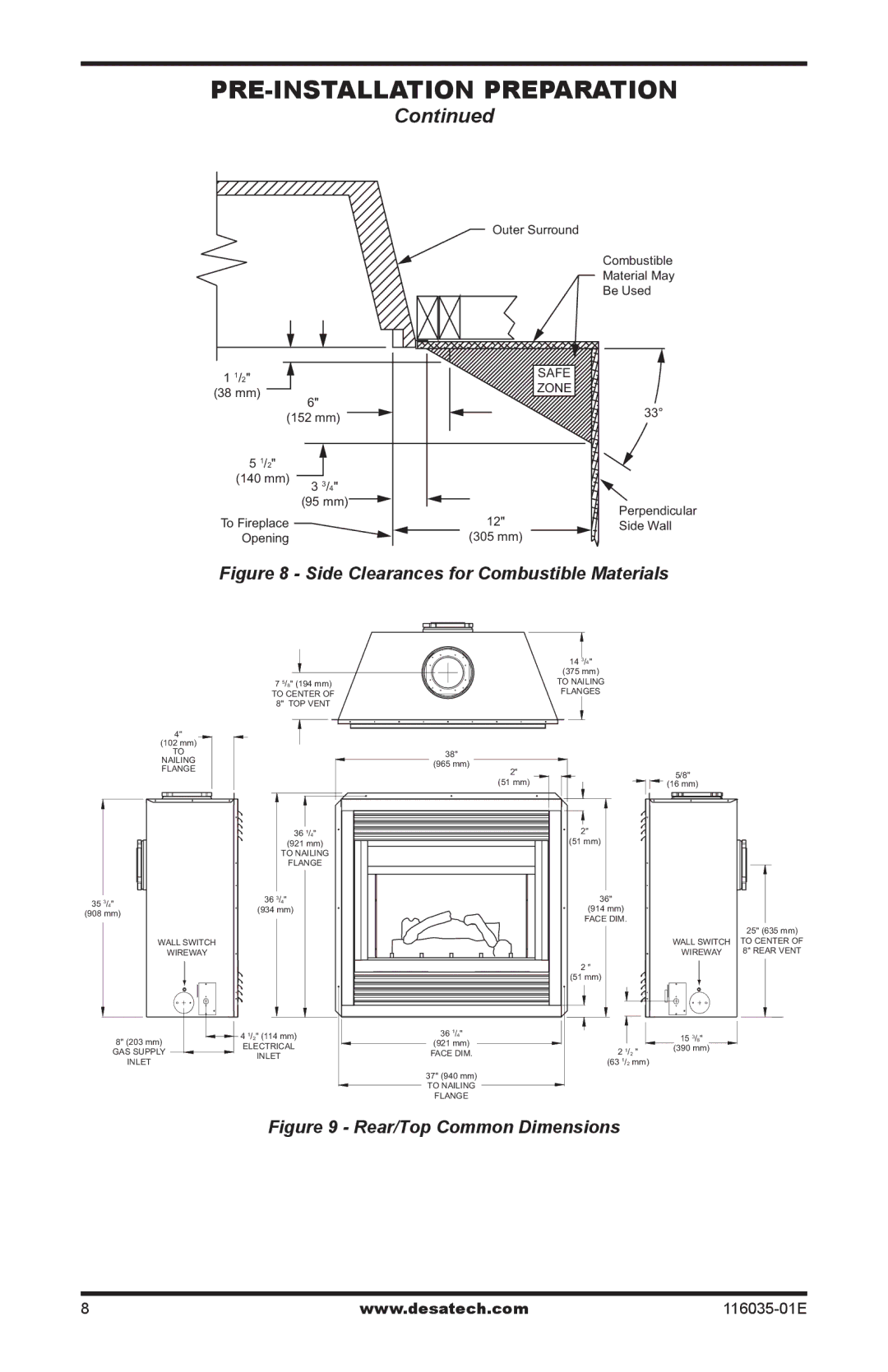 Desa (V)CD36RPE, (V)CD36TNE, (V)CD36TPE, (V)CD36RNE installation manual Side Clearances for Combustible Materials 