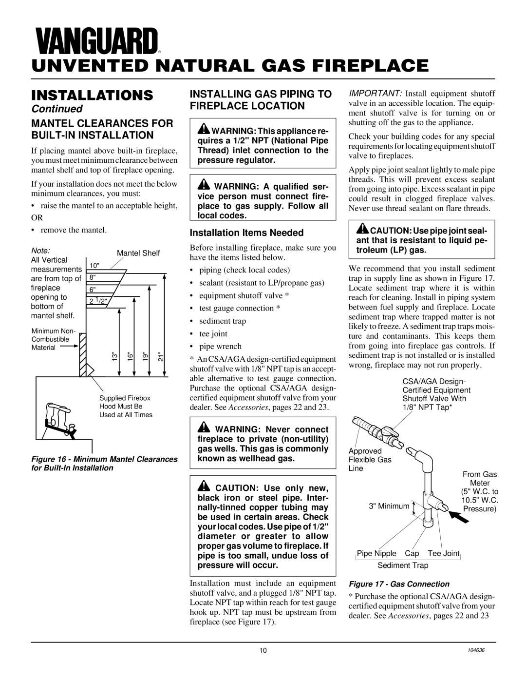 Desa VCGF30NR Installations, Mantel Clearances for BUILT-IN Installation, Installing GAS Piping to Fireplace Location 