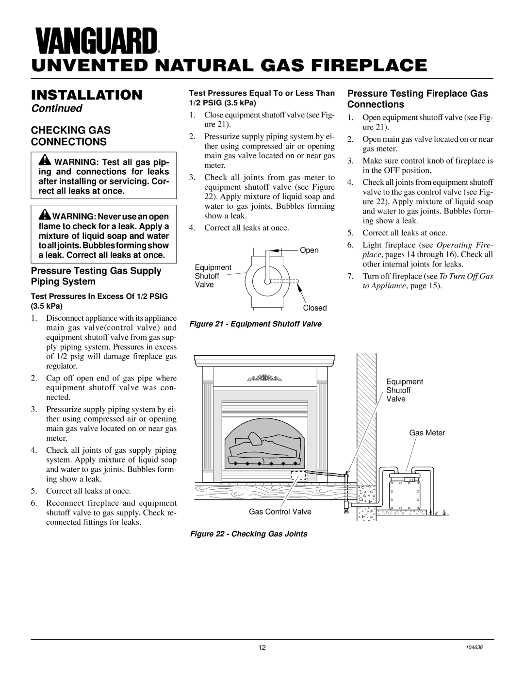 Desa VCGF30NR installation manual Checking GAS Connections, Pressure Testing Gas Supply Piping System 