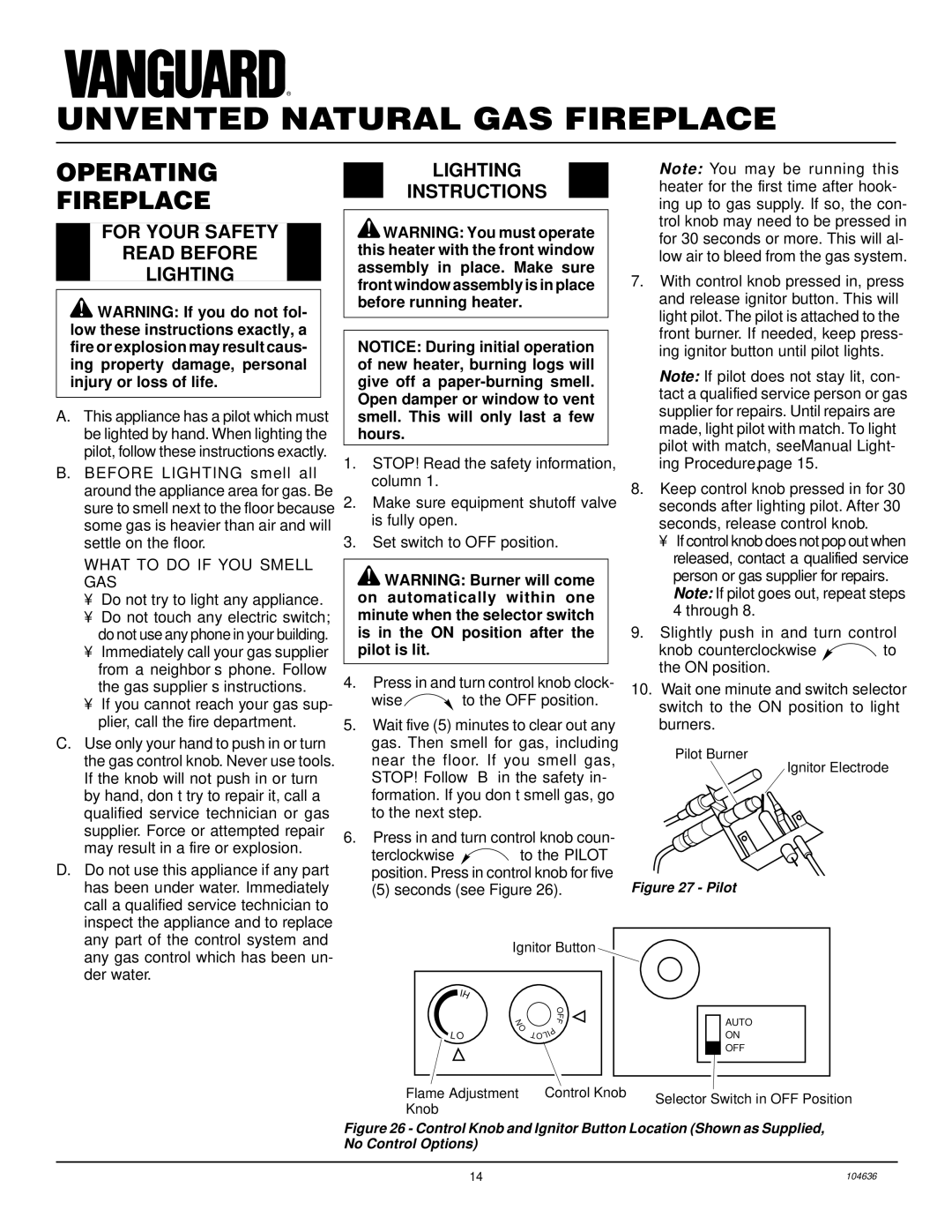 Desa VCGF30NR installation manual Operating Fireplace, For Your Safety Read Before Lighting, Lighting Instructions 