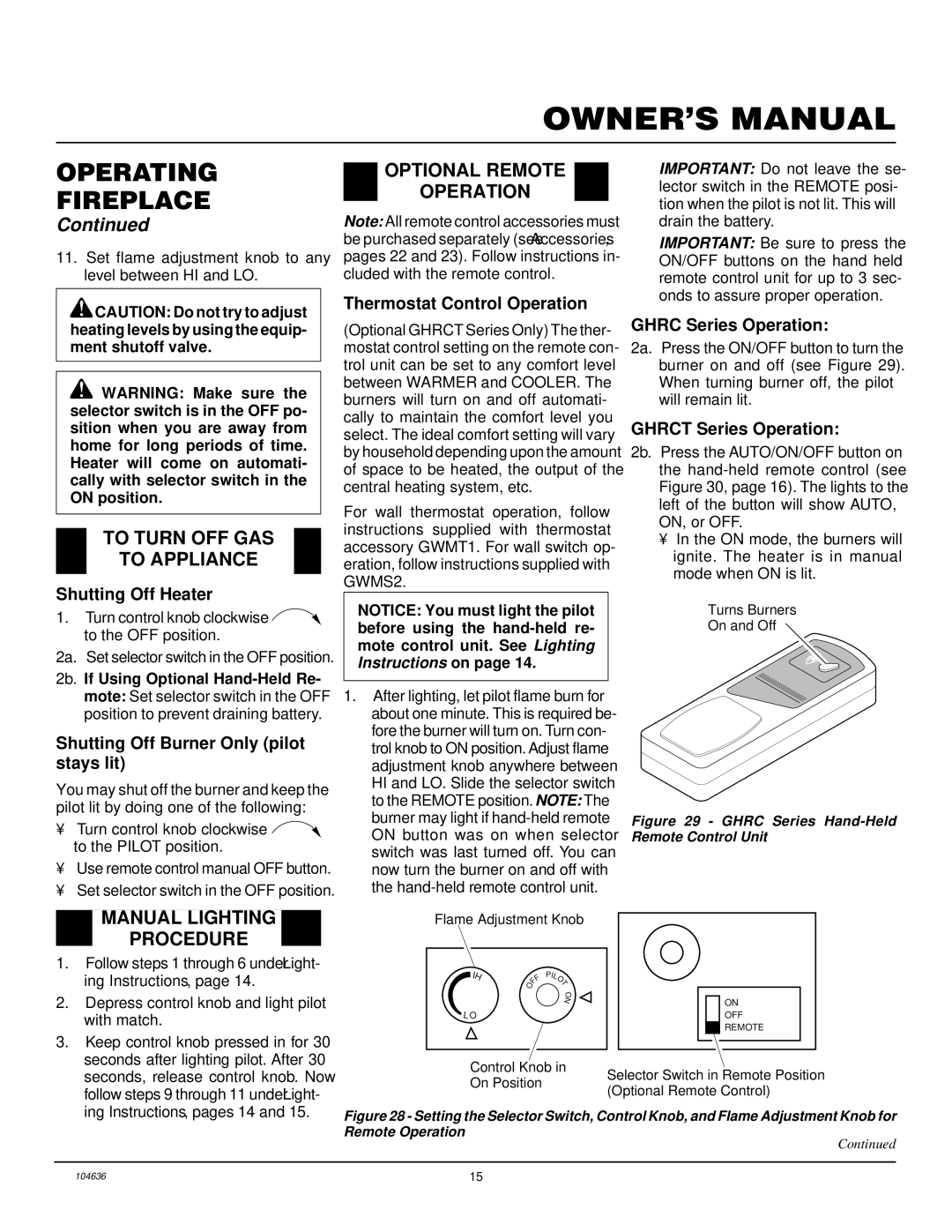 Desa VCGF30NR installation manual To Turn OFF GAS To Appliance, Manual Lighting Procedure, Optional Remote Operation 