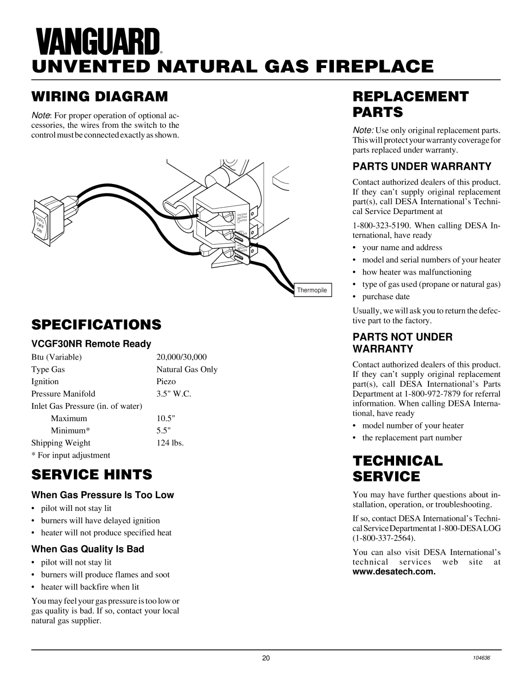 Desa VCGF30NR installation manual Wiring Diagram Replacement Parts, Specifications, Service Hints, Technical Service 