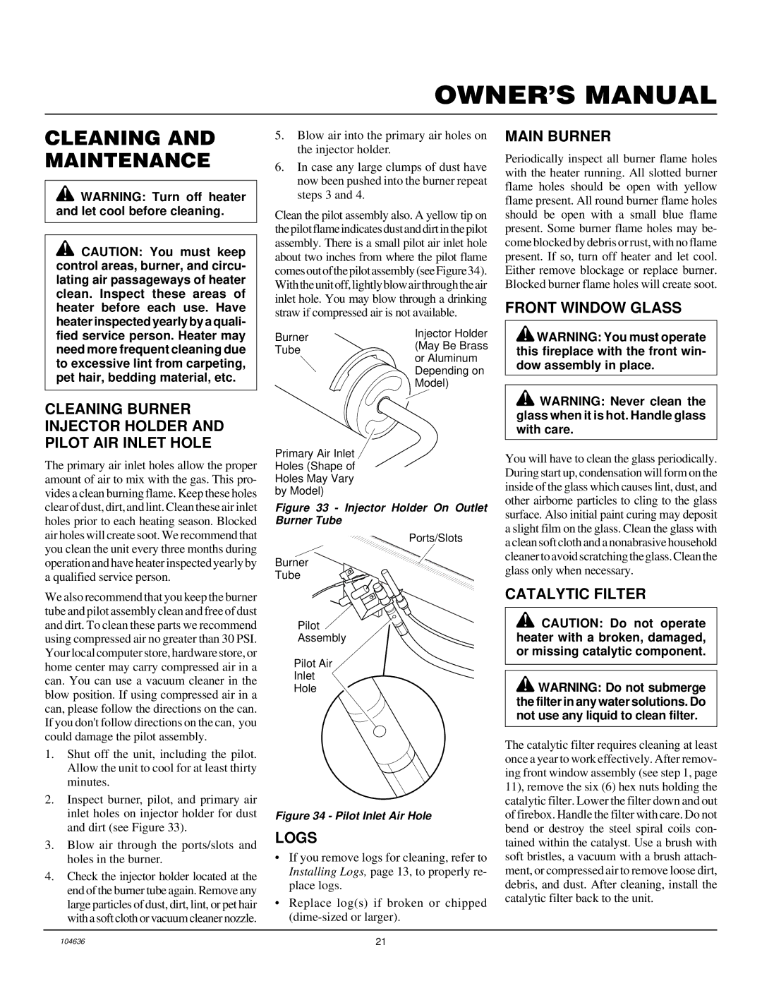 Desa VCGF30NR Cleaning and Maintenance, Cleaning Burner Injector Holder and Pilot AIR Inlet Hole, Logs, Front Window Glass 