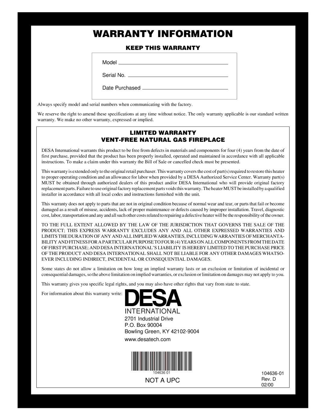 Desa VCGF30NR installation manual Warranty Information 