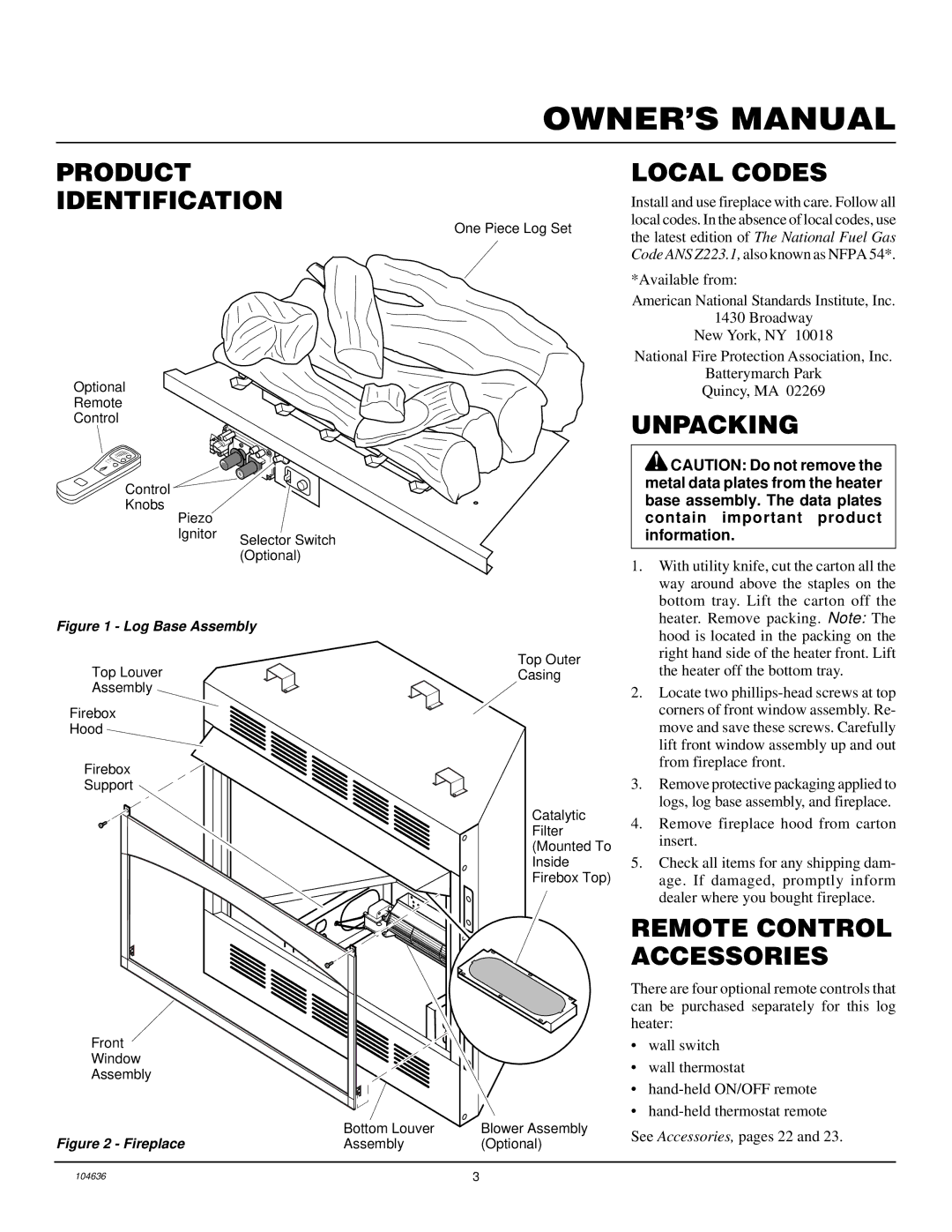 Desa VCGF30NR installation manual Product Identification, Local Codes, Unpacking, Remote Control Accessories 