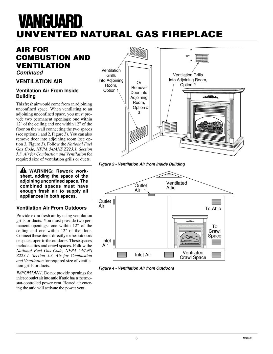 Desa VCGF30NR installation manual Ventilation AIR, Ventilation Air From Inside, Building, Ventilation Air From Outdoors 