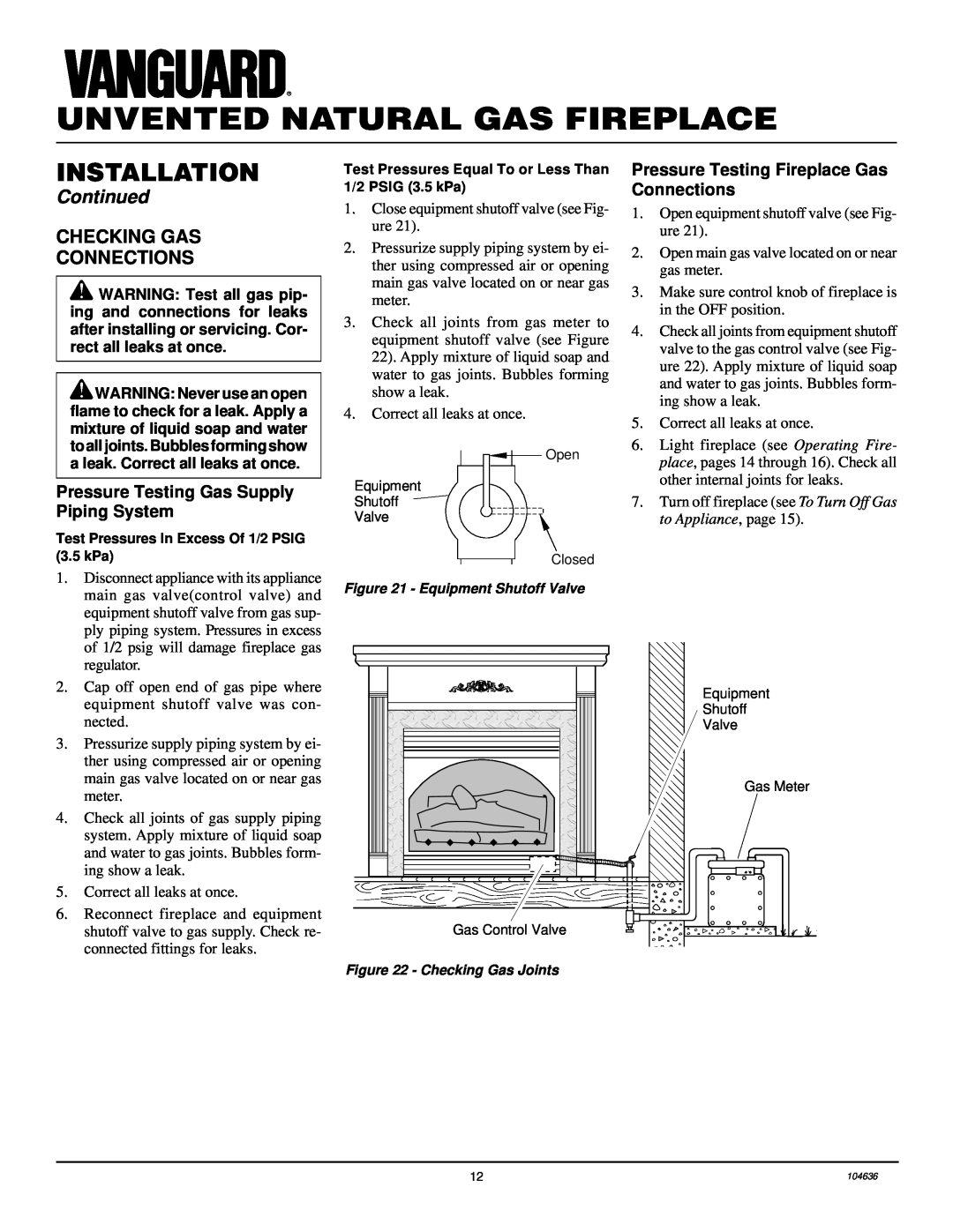 Desa VCGF30NR installation manual Checking Gas Connections, Unvented Natural Gas Fireplace, Installation, Continued 