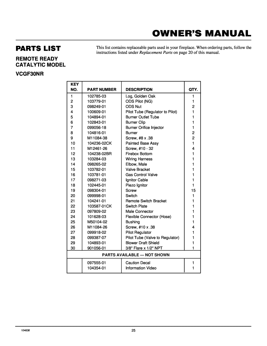 Desa installation manual Parts List, REMOTE READY CATALYTIC MODEL VCGF30NR 