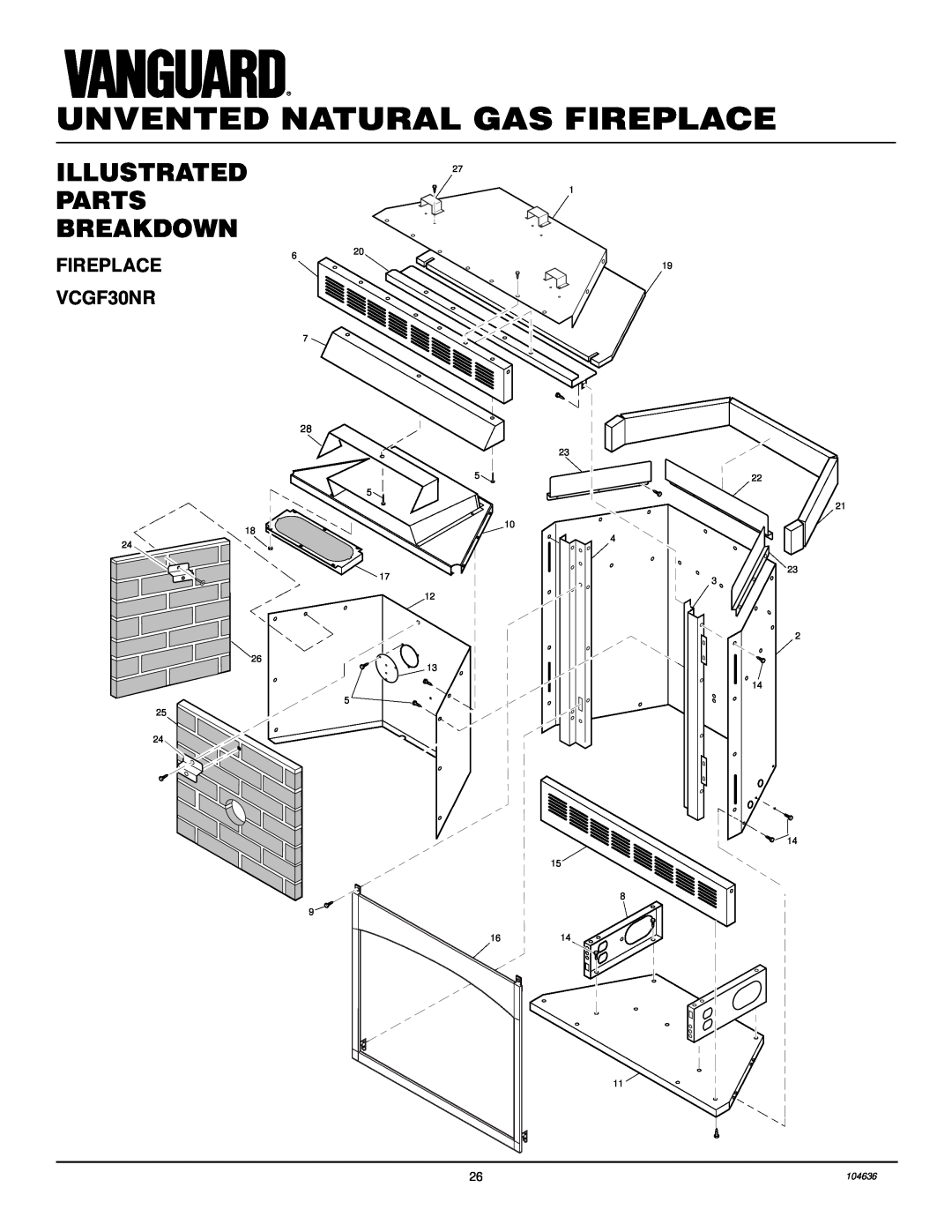 Desa FIREPLACE VCGF30NR, Unvented Natural Gas Fireplace, Illustrated Parts Breakdown, 23 5 5 10 17 12 13, 1614, 104636 