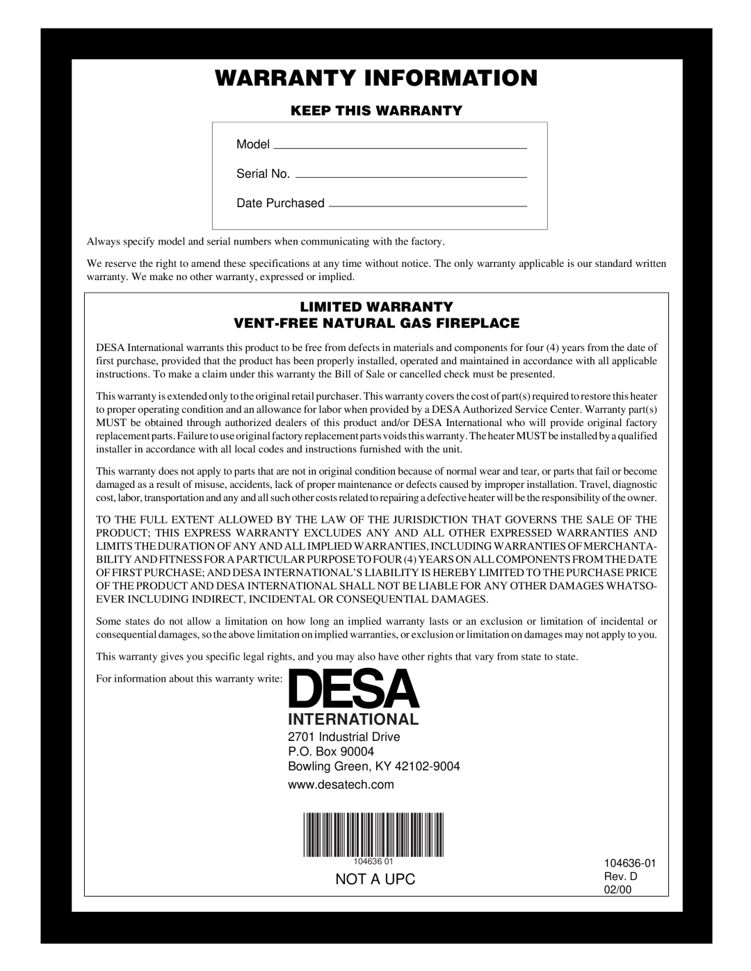 Desa VCGF30NR installation manual Warranty Information, International, Not A Upc, Model Serial No Date Purchased 