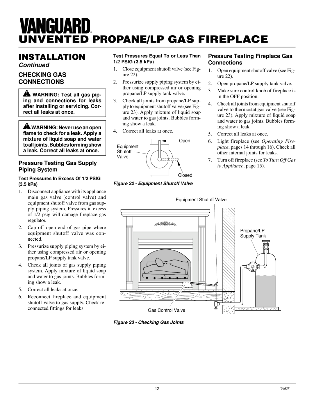 Desa VCGF30PR installation manual Checking GAS Connections, Pressure Testing Gas Supply Piping System 