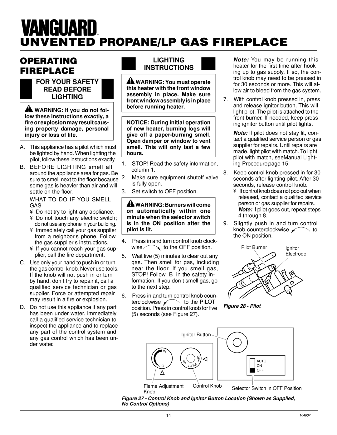 Desa VCGF30PR installation manual Operating Fireplace, For Your Safety Read Before Lighting, Lighting Instructions 