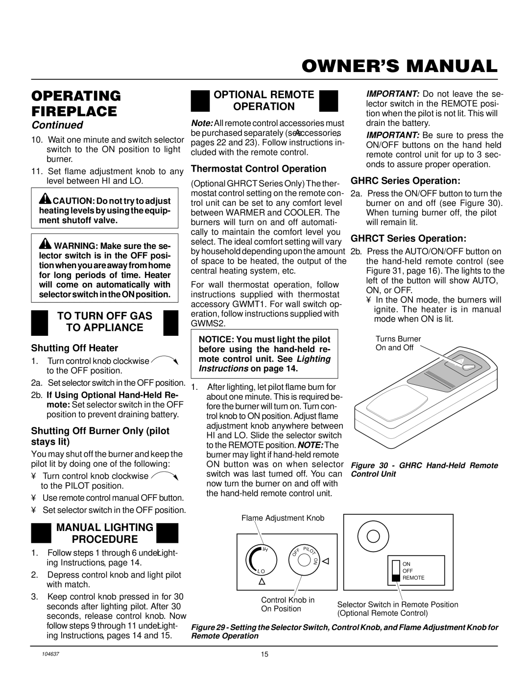 Desa VCGF30PR installation manual To Turn OFF GAS To Appliance, Optional Remote Operation, Manual Lighting Procedure 