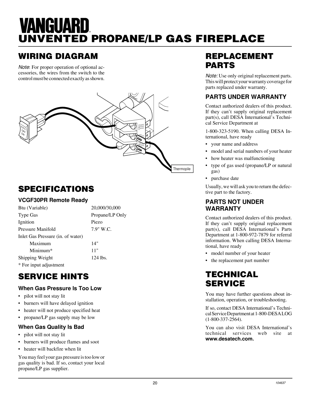 Desa VCGF30PR installation manual Wiring Diagram Replacement Parts, Specifications, Service Hints, Technical Service 