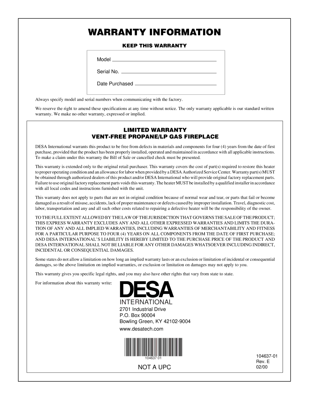 Desa VCGF30PR installation manual Warranty Information 