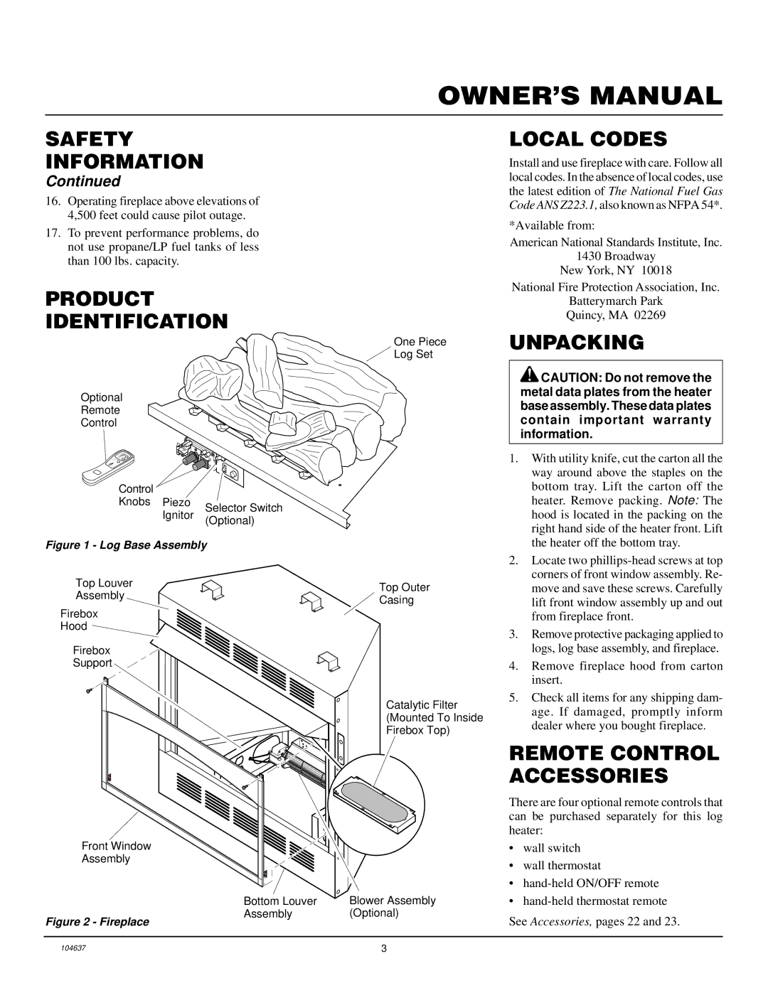 Desa VCGF30PR installation manual Product Identification, Local Codes, Unpacking, Remote Control Accessories 