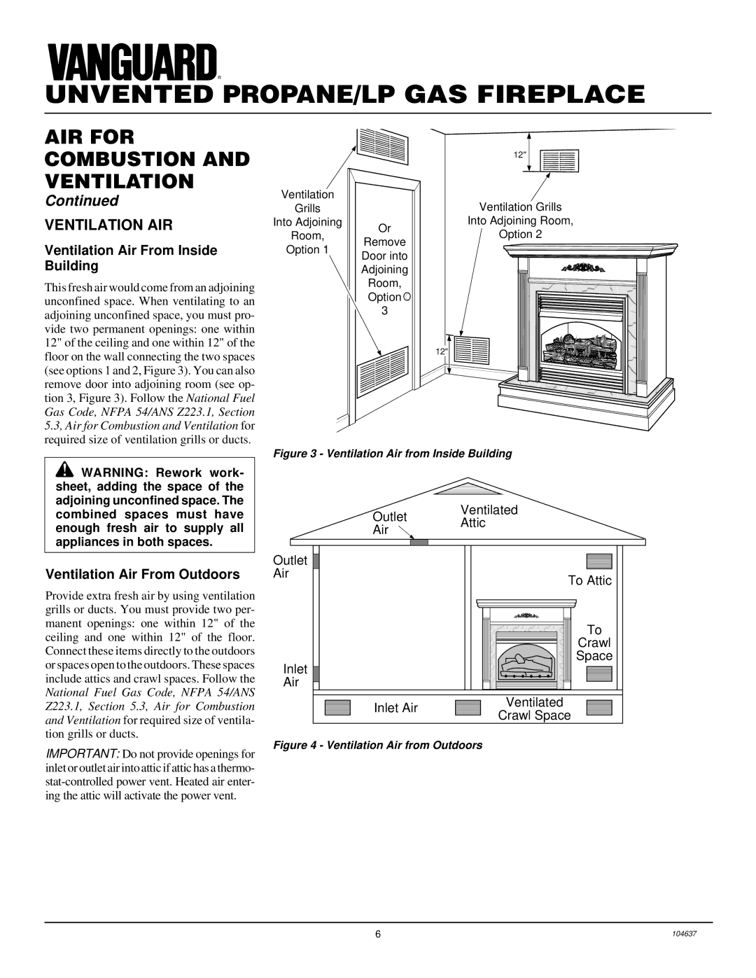 Desa VCGF30PR installation manual Ventilation AIR, Ventilation Air From Inside, Building, Ventilation Air From Outdoors 