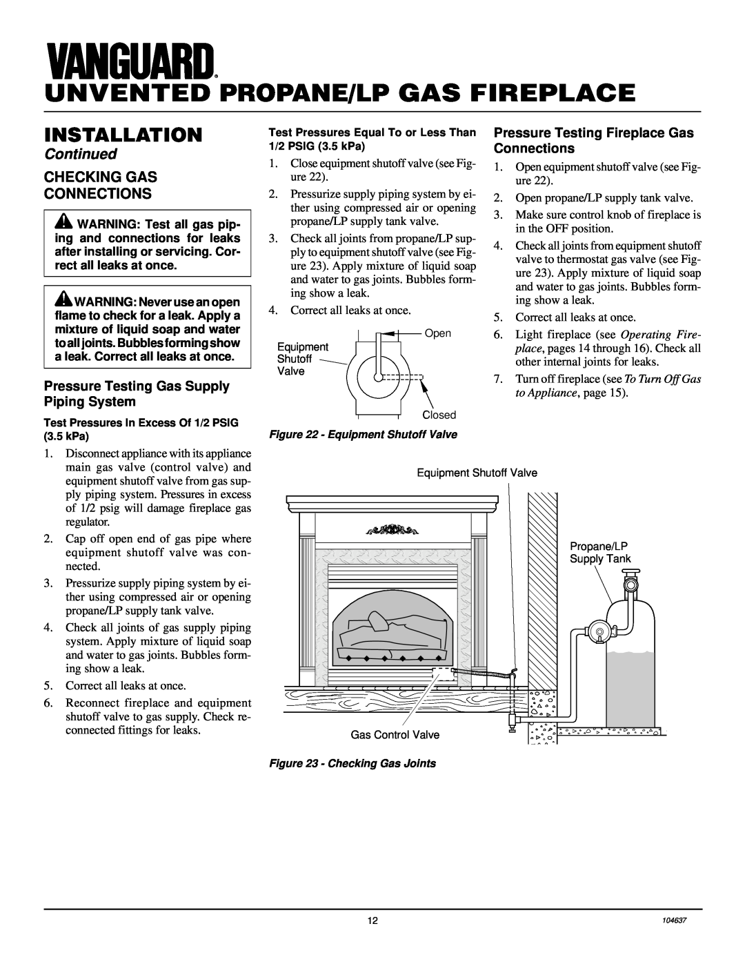 Desa VCGF30PR installation manual Checking Gas Connections, Unvented Propane/Lp Gas Fireplace, Installation, Continued 