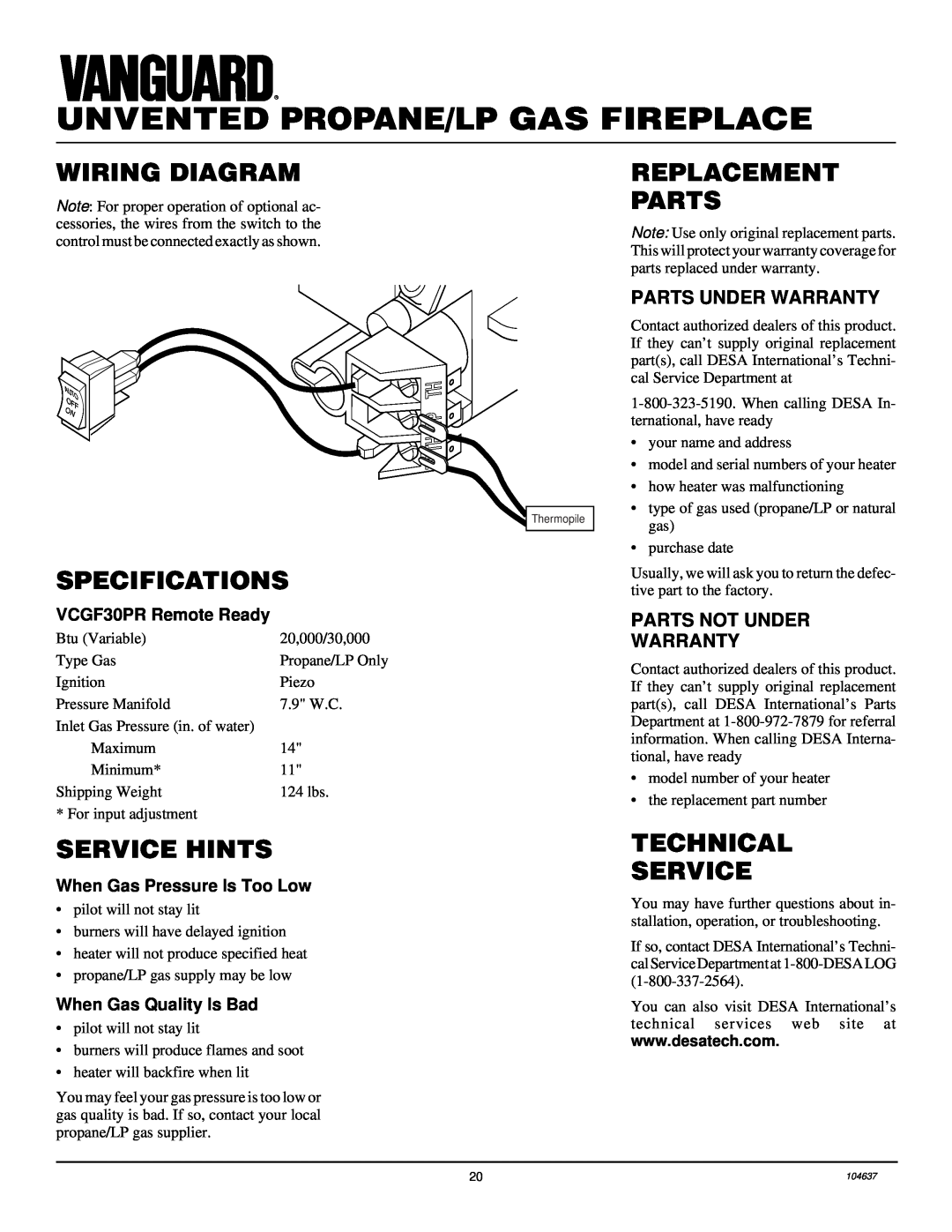 Desa VCGF30PR Wiring Diagram, Replacement Parts, Specifications, Service Hints, Technical Service, Parts Under Warranty 