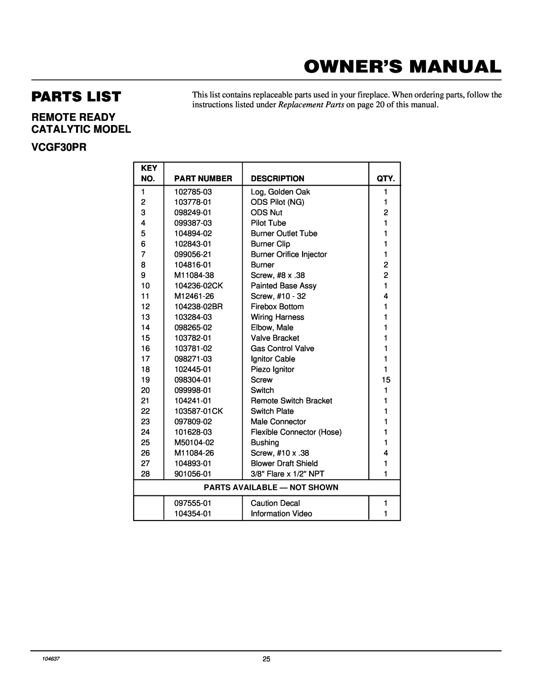 Desa installation manual Parts List, REMOTE READY CATALYTIC MODEL VCGF30PR 
