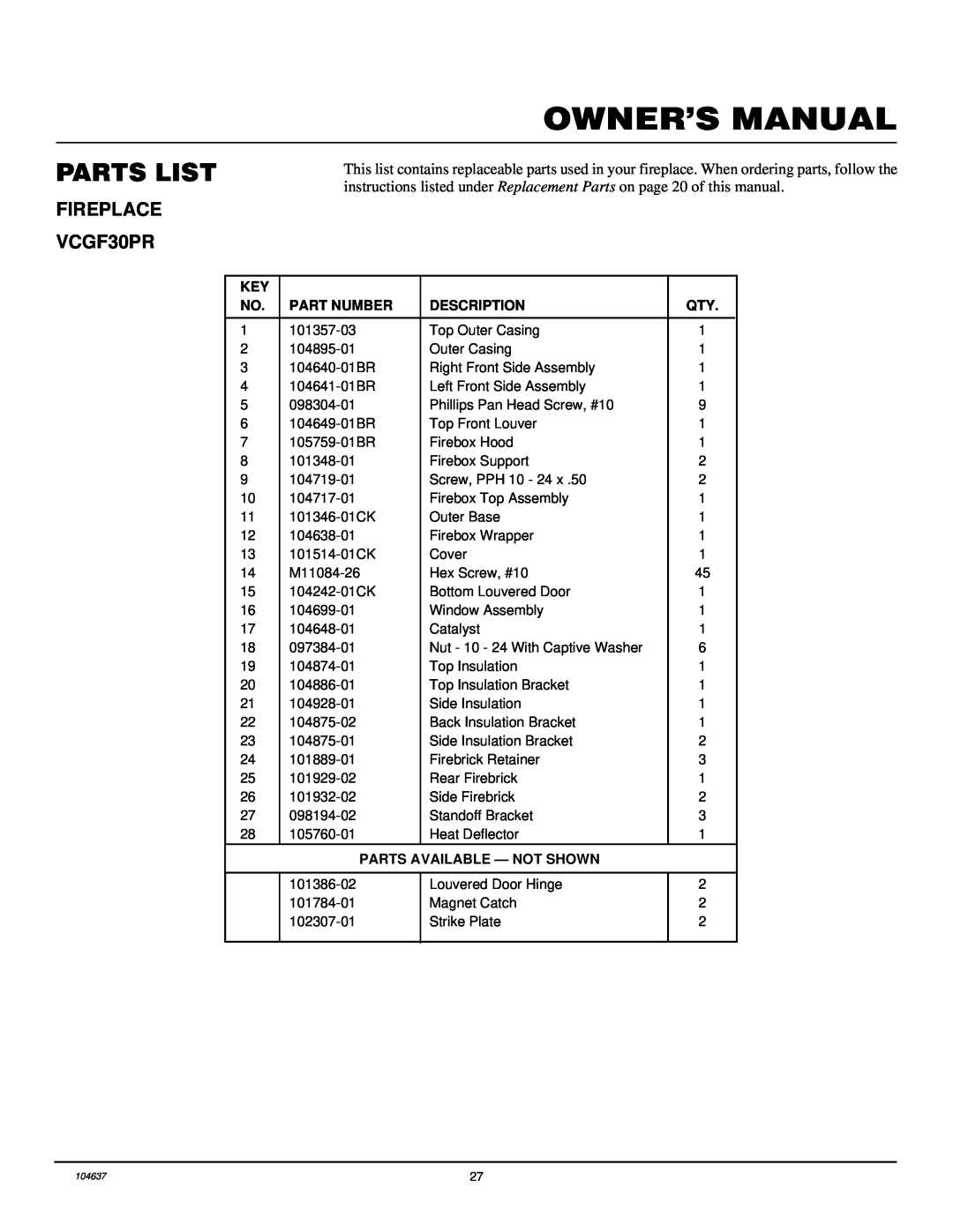 Desa installation manual Parts List, FIREPLACE VCGF30PR, 101357-03 