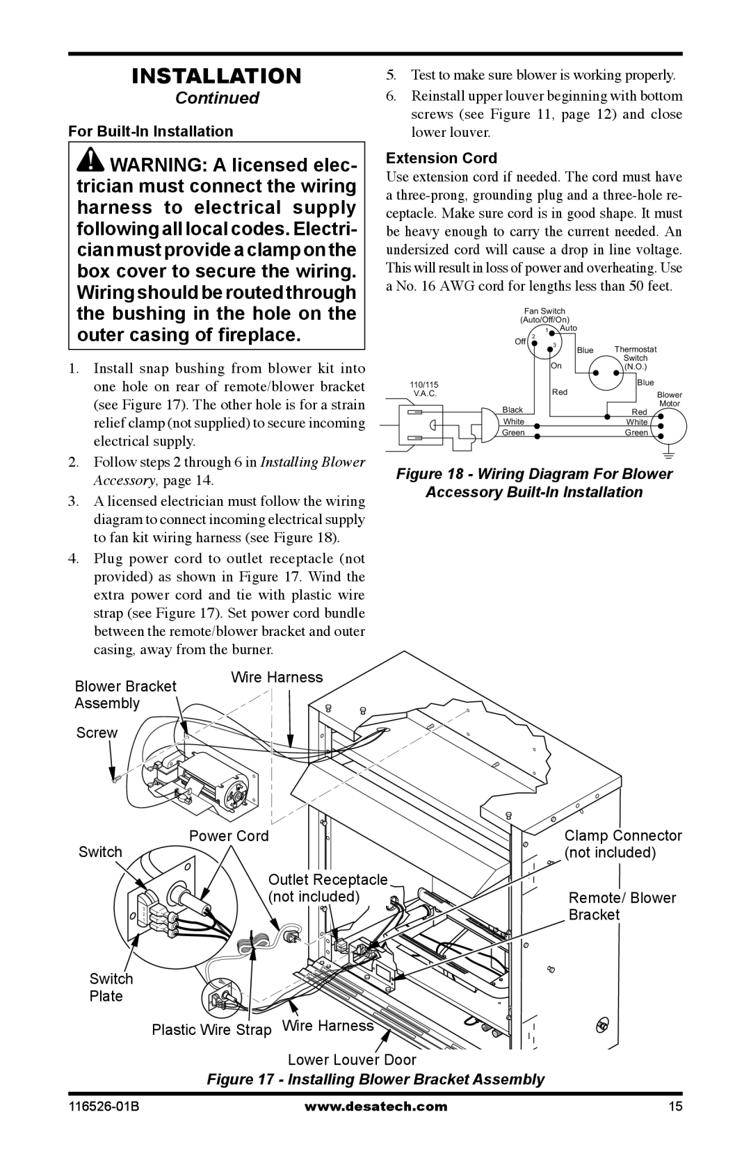 Desa VDCFRNB, VDCFTPB, VDCFRPB installation manual For Built-In Installation, Extension Cord, Blower Bracket 