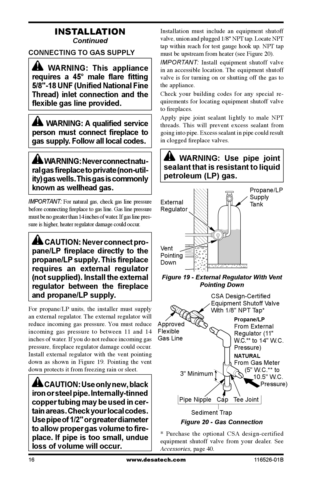 Desa VDCFTPB, VDCFRNB, VDCFRPB installation manual Connecting to GAS Supply 