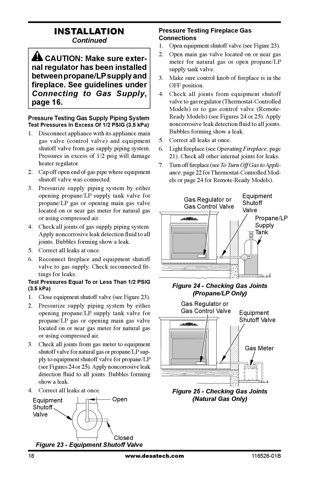 Desa VDCFRNB, VDCFTPB, VDCFRPB Equipment Open Shutoff Valve Closed, Pressure Testing Fireplace Gas Connections, Gas Meter 