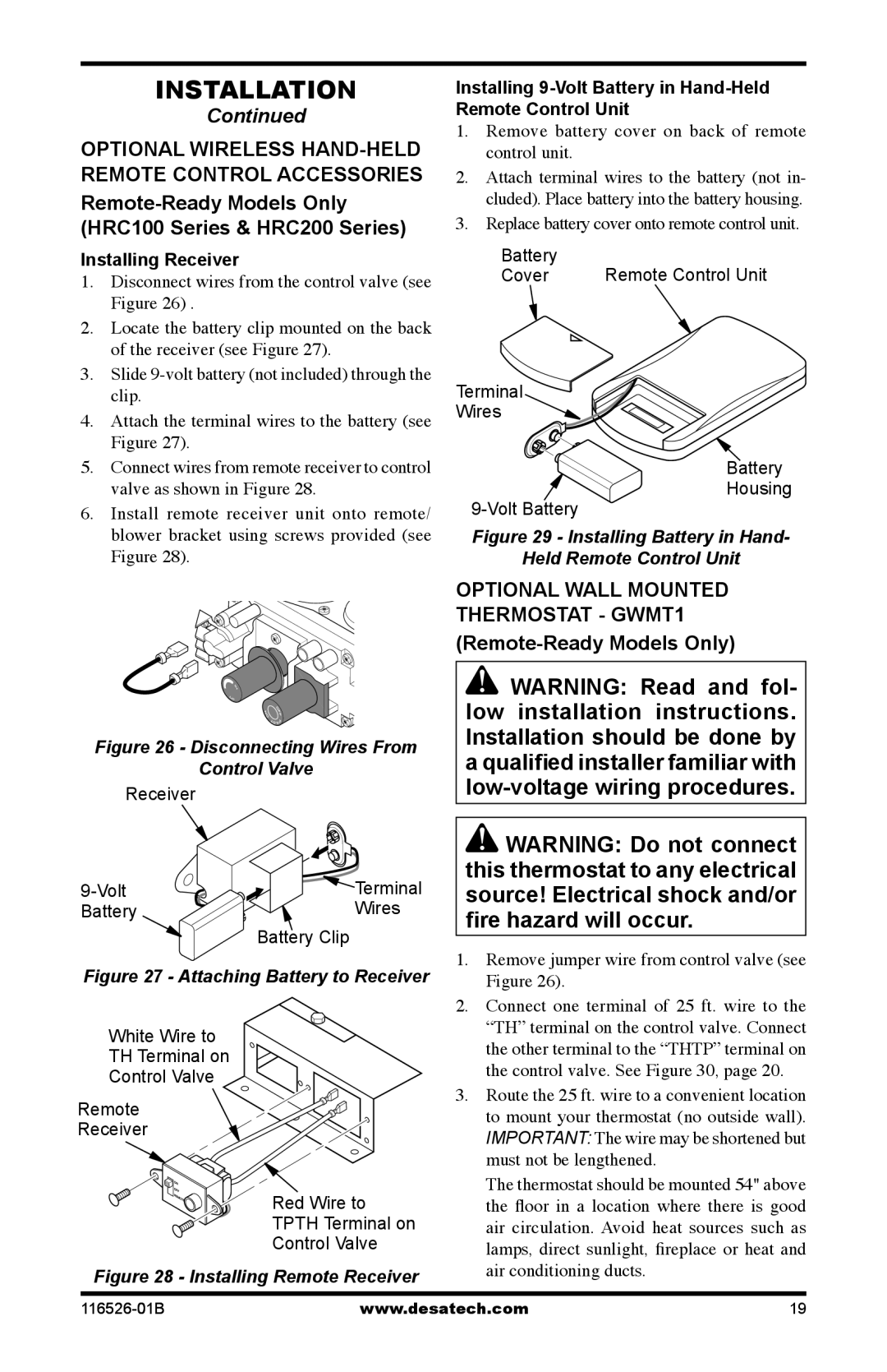 Desa VDCFTPB, VDCFRNB, VDCFRPB installation manual Installing Receiver, Receiver Volt Terminal Battery Wires Battery Clip 