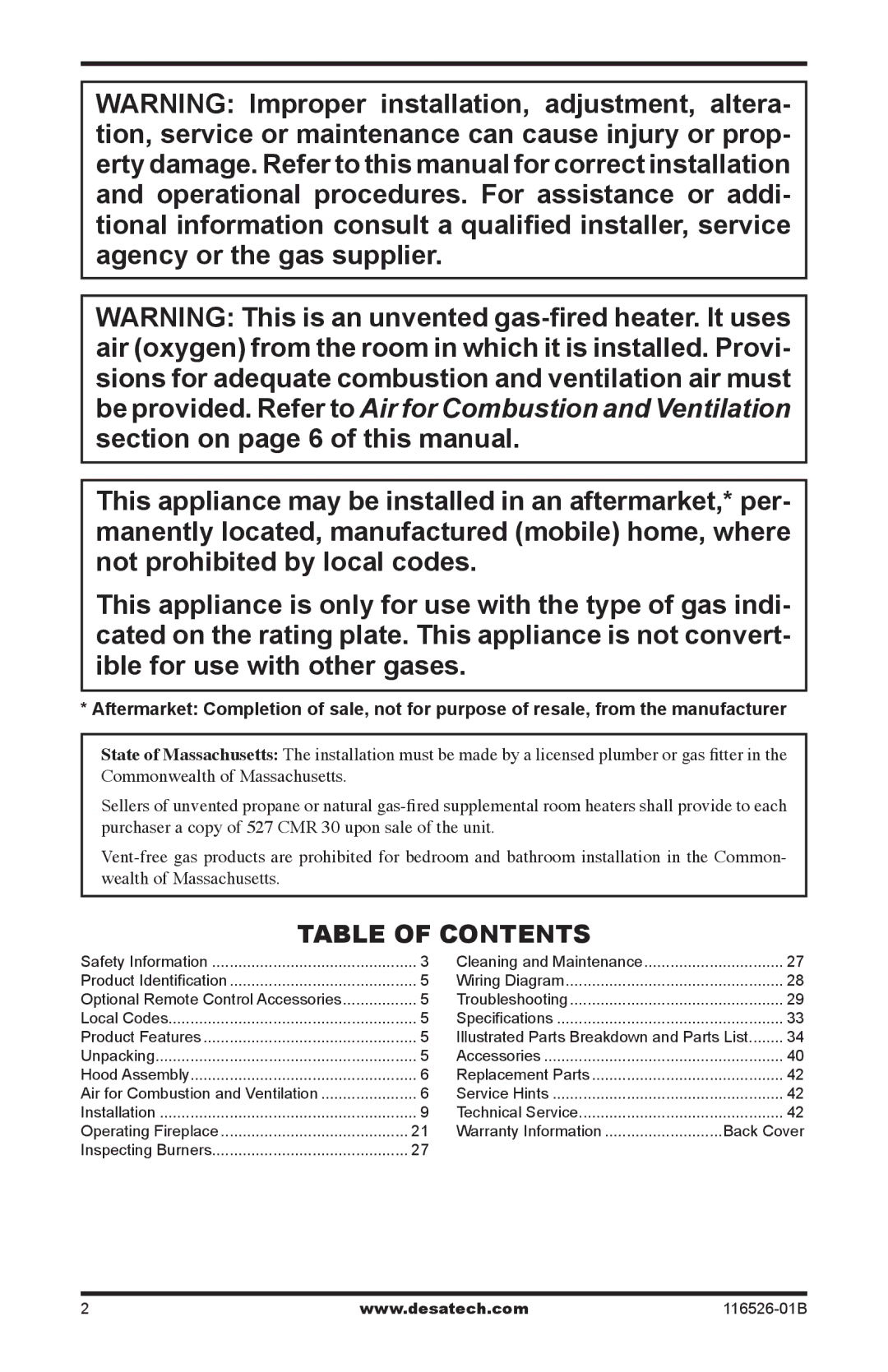 Desa VDCFRPB, VDCFRNB, VDCFTPB installation manual Table of Contents 