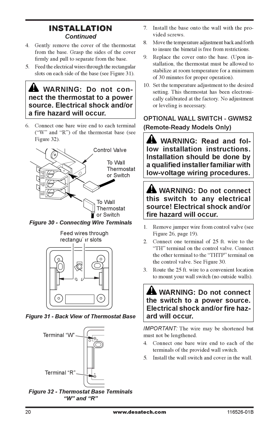 Desa VDCFRPB, VDCFRNB Optional Wall Switch GWMS2 Remote-Ready Models Only, Control Valve To Wall Thermostat or Switch 