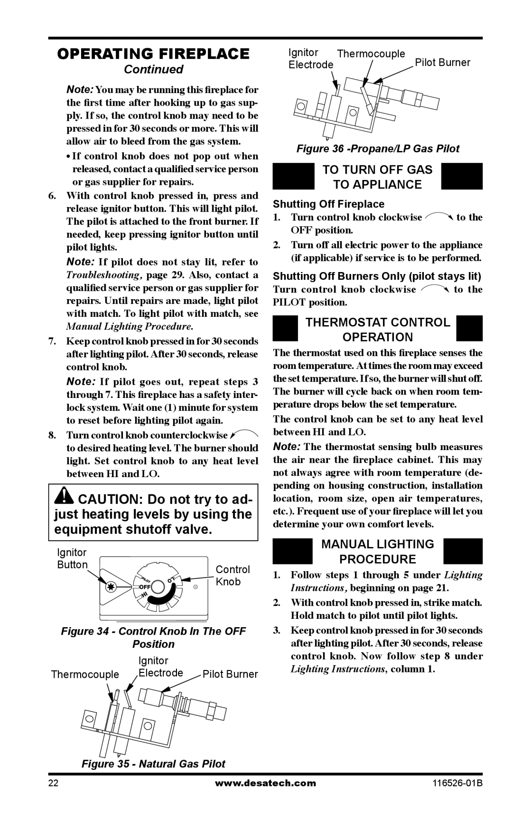 Desa VDCFTPB Operating Fireplace, To Turn OFF GAS To Appliance, Thermostat Control Operation, Manual Lighting Procedure 