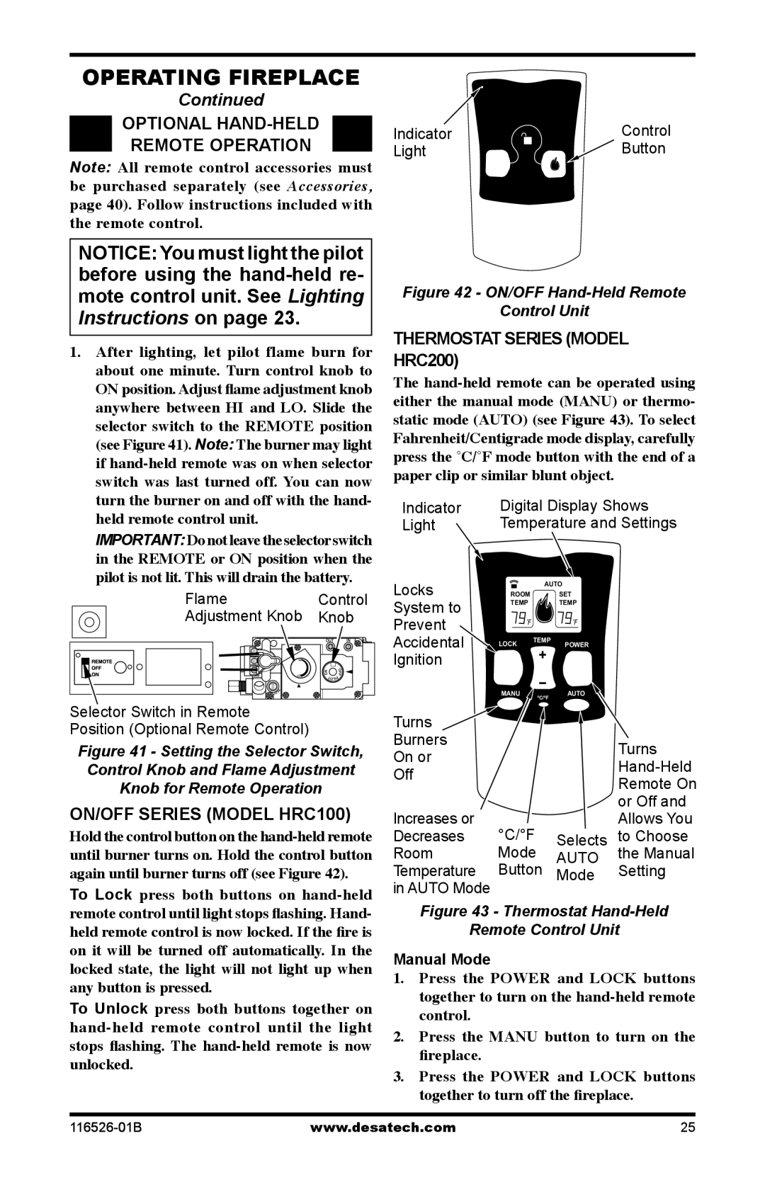 Desa VDCFTPB, VDCFRNB Optional Hand-Held, Remote Operation, Thermostat Series Model, HRC200, On/Off Series Model HRC100 