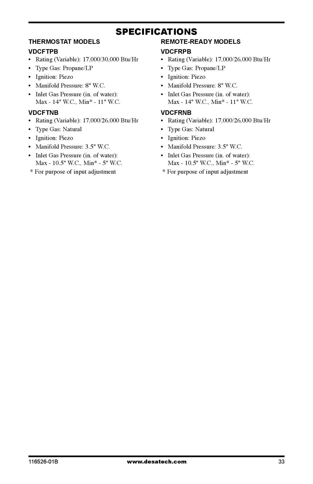 Desa VDCFRNB, VDCFTPB, VDCFRPB Specifications, Thermostat Models Remote-Ready Models, Rating Variable 17,000/30,000 Btu/Hr 