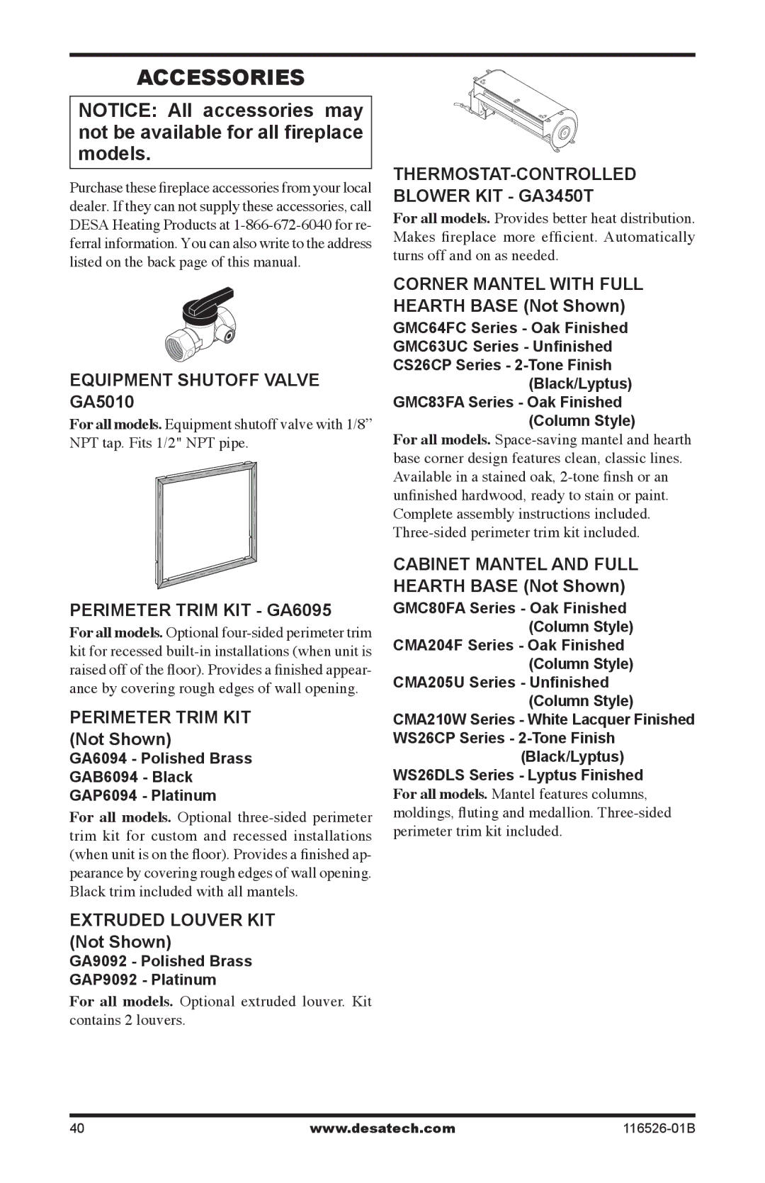 Desa VDCFTPB, VDCFRNB, VDCFRPB Accessories, Equipment Shutoff Valve GA5010, THERMOSTAT-CONTROLLED Blower KIT GA3450T 