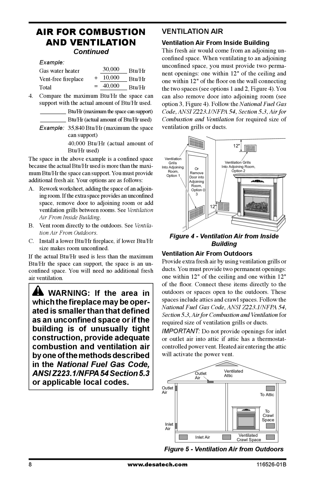 Desa VDCFRPB, VDCFRNB, VDCFTPB Ventilation AIR, Ventilation Air From Inside Building, Ventilation Air From Outdoors 