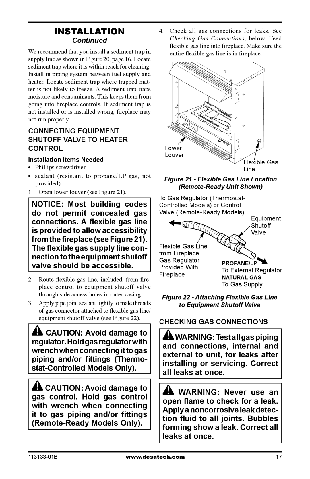 Desa VDCFRNA Connecting Equipment Shutoff Valve to Heater Control, Checking GAS Connections, Installation Items Needed 