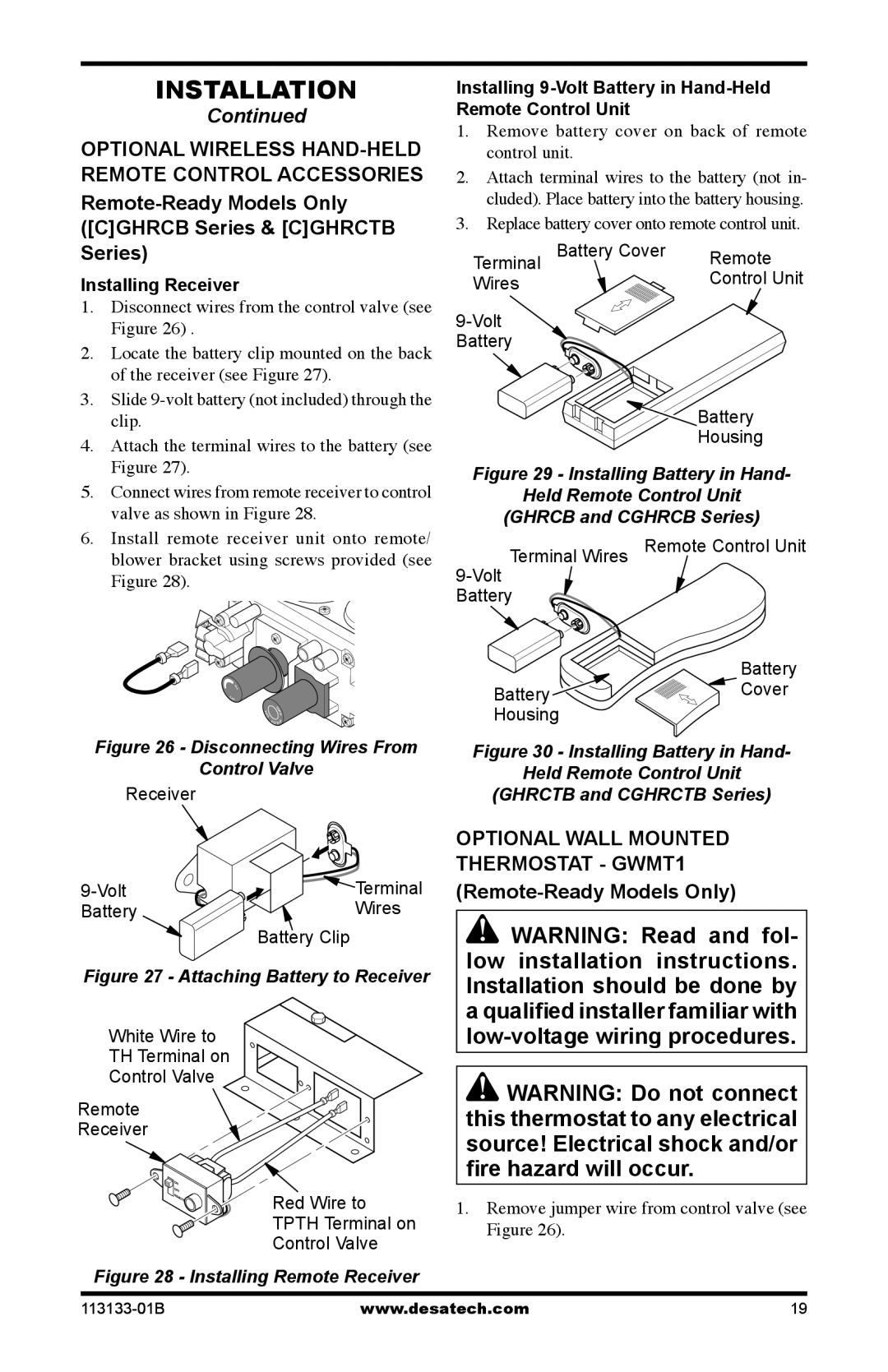 Desa VDCFTPA, VDCFRPA, VDCFRNA Optional Wireless HAND-HELD Remote Control Accessories, Installing Receiver 