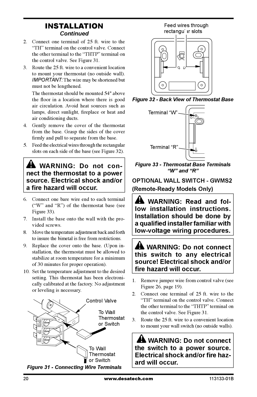 Desa VDCFRNA, VDCFRPA, VDCFTPA Control Valve To Wall Thermostat or Switch Or Switch, Feed wires through rectangular slots 