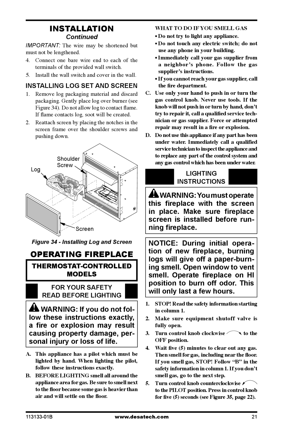 Desa VDCFRPA, VDCFTPA Operating Fireplace, Installing LOG SET and Screen, Lighting Instructions, Log Shoulder Screw Screen 