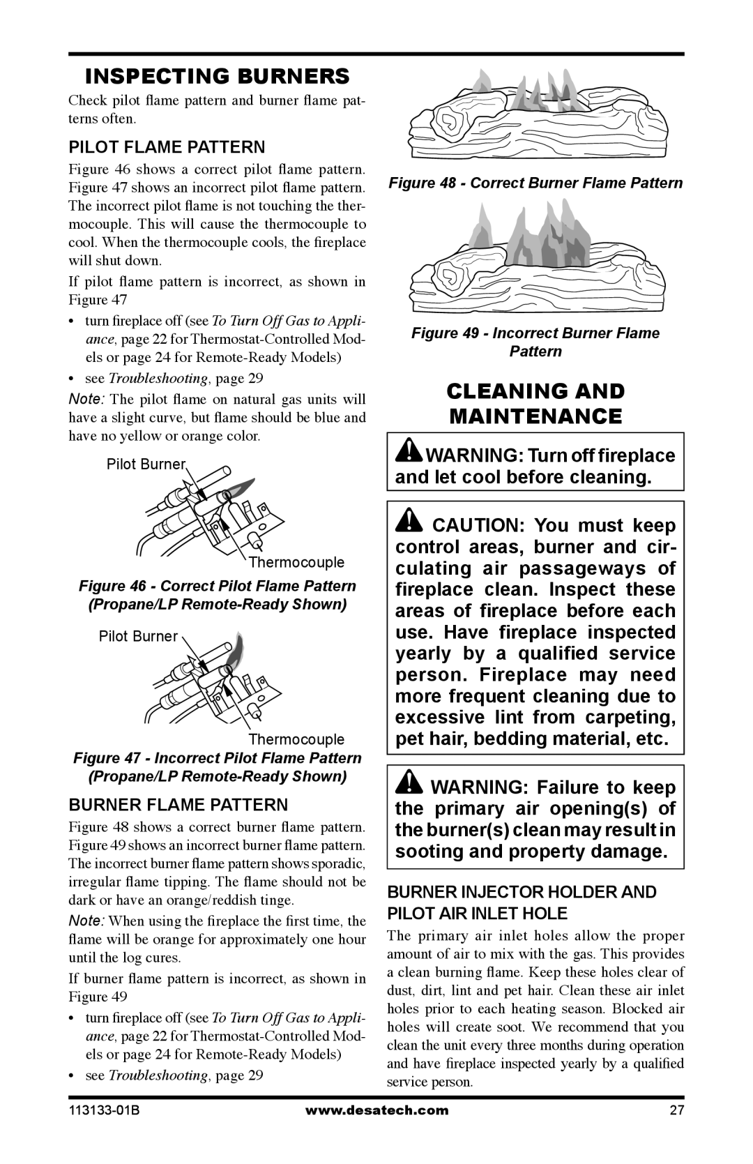 Desa VDCFRPA, VDCFTPA, VDCFRNA installation manual Inspecting Burners, Cleaning Maintenance 