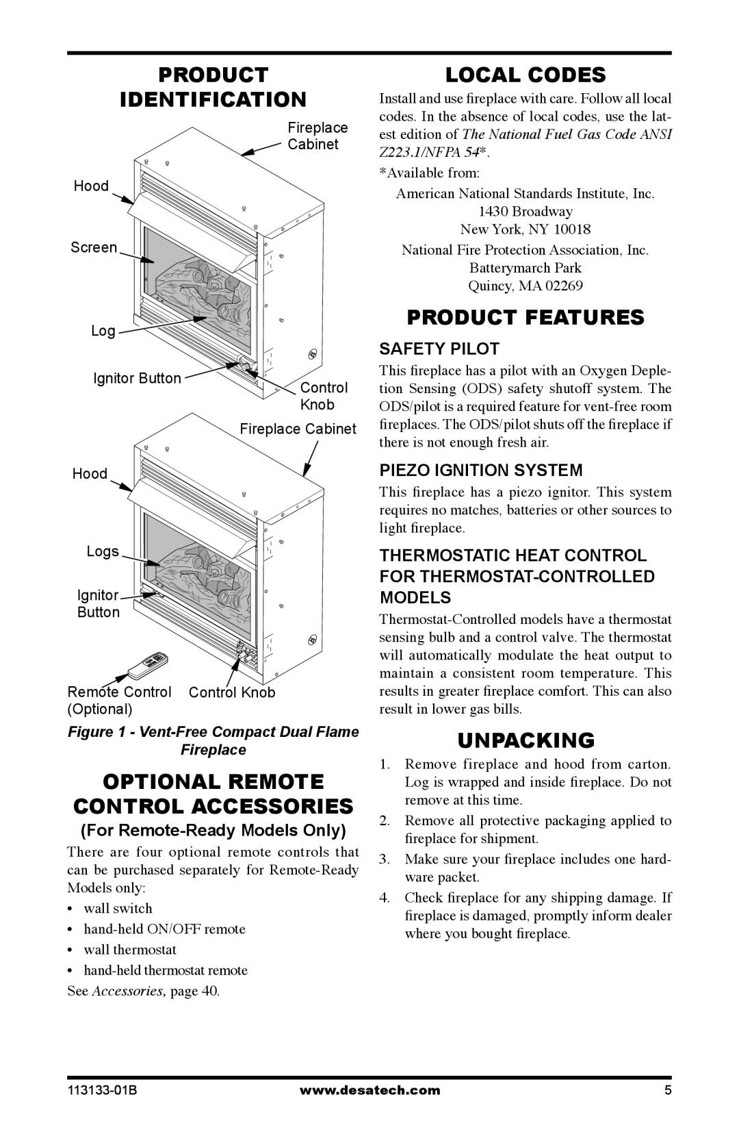 Desa VDCFRNA, VDCFRPA, VDCFTPA installation manual Product Identification, Local Codes, Product Features, Unpacking 