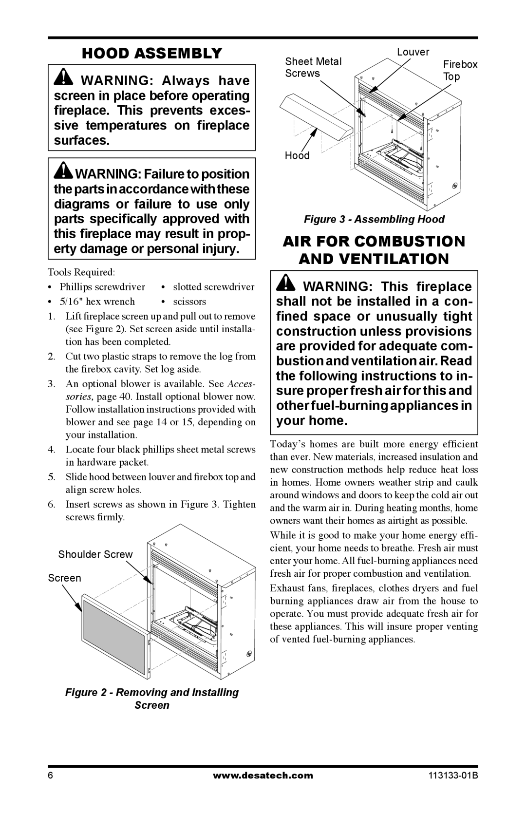 Desa VDCFRPA, VDCFTPA Hood Assembly, Sheet Metal Screws Hood Louver Firebox Top, Tools Required Phillips screwdriver 