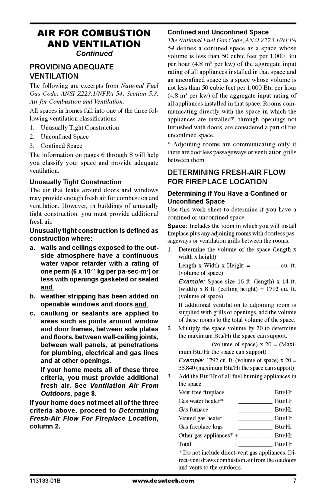 Desa VDCFTPA, VDCFRPA, VDCFRNA installation manual AIR for Combustion Ventilation, Providing Adequate Ventilation 