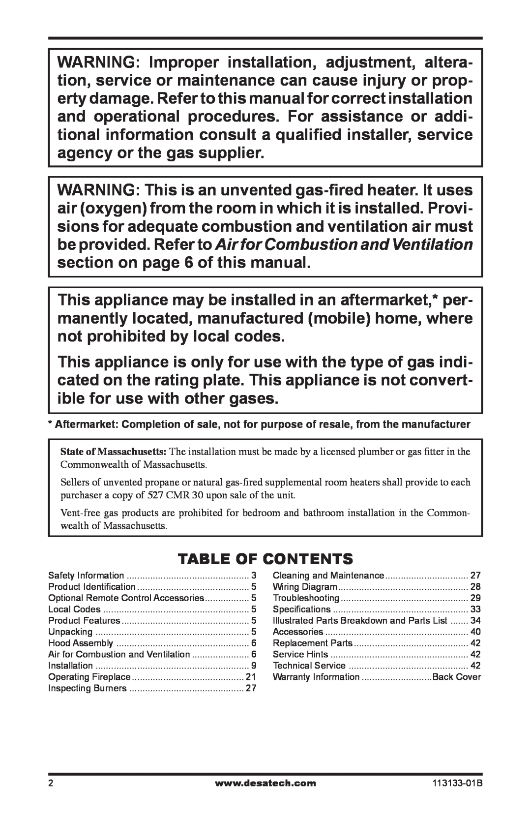 Desa VDCFRNA, VDCFRPA, VDCFTPA installation manual Table Of Contents, Cleaning and Maintenance, Back Cover, 113133-01B 