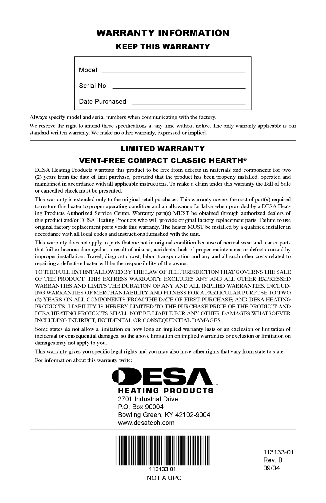 Desa VDCFRNA Warranty Information, Keep This Warranty, Limited Warranty Vent-Free Compact Classic Hearth, 113133-01 