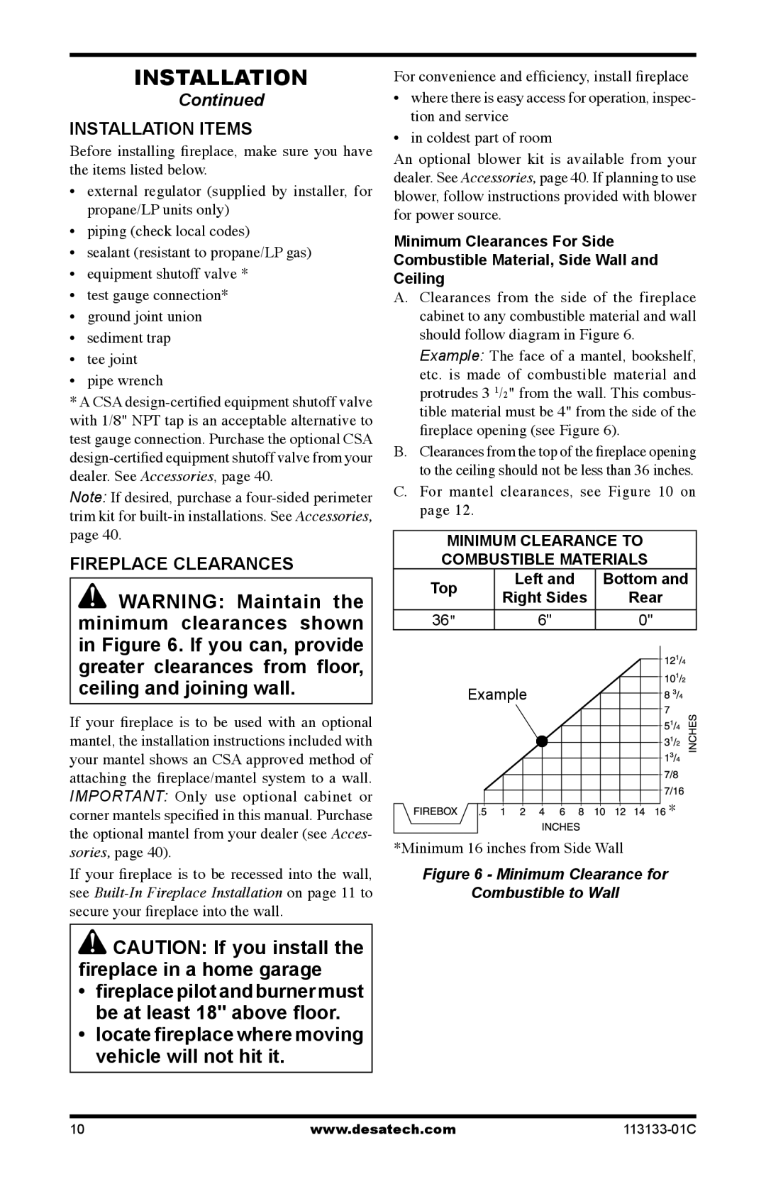 Desa VDCFTNA Installation Items, Fireplace Clearances, Fireplace pilot and burner must be at least 18 above floor 