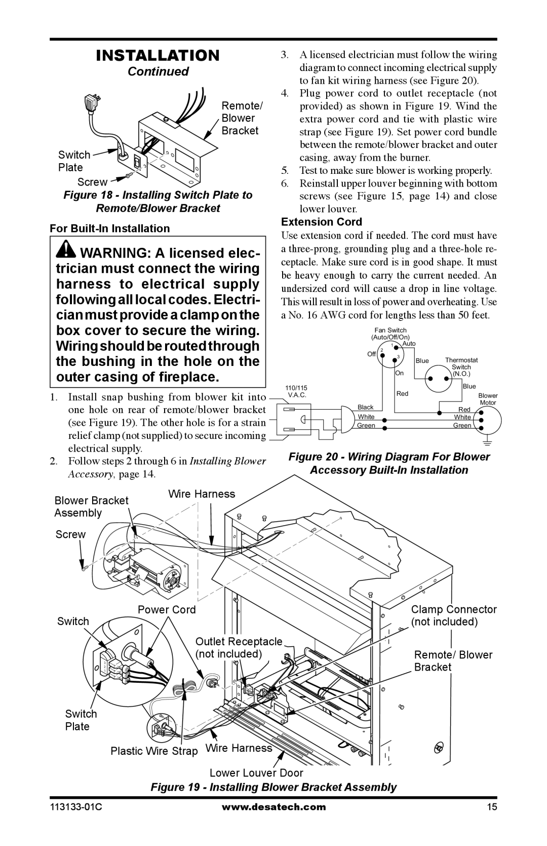 Desa VDCFTNA installation manual For Built-In Installation, Extension Cord 