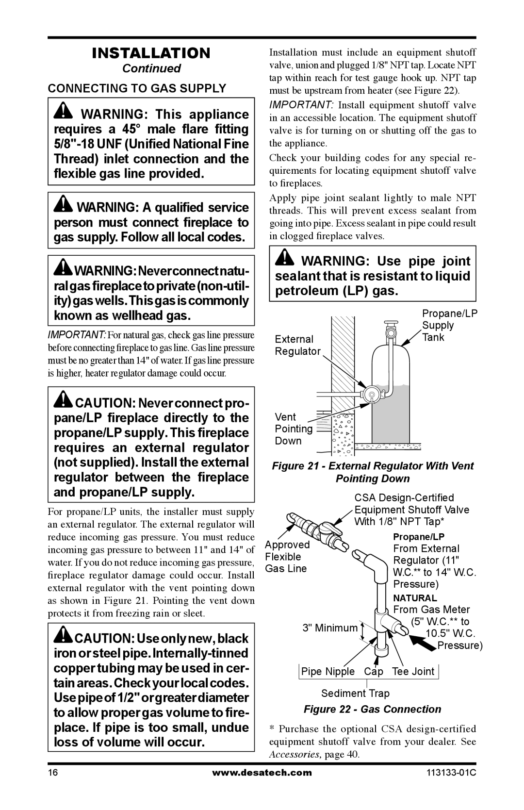 Desa VDCFTNA installation manual Connecting to GAS Supply, External Regulator With Vent Pointing Down 